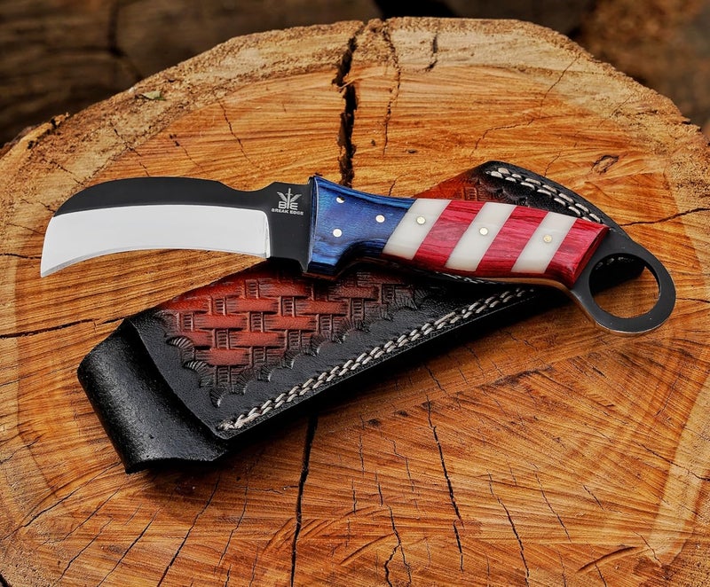 BE BREAK EDGE Handmade Steel Lineman’s Hawkbill knife with Leather sheath, Heavy Duty Utility Knife blade Electrician Wire Skinning knife for professional. (Red,White&Blue) - Image 3